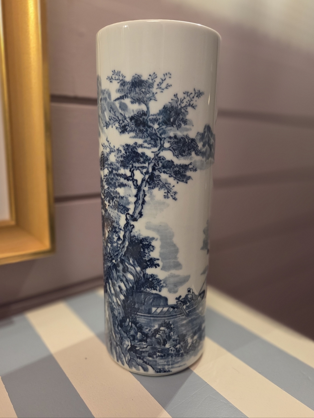 Vintage Japanese Flow Blue Scenic Fisherman Vase